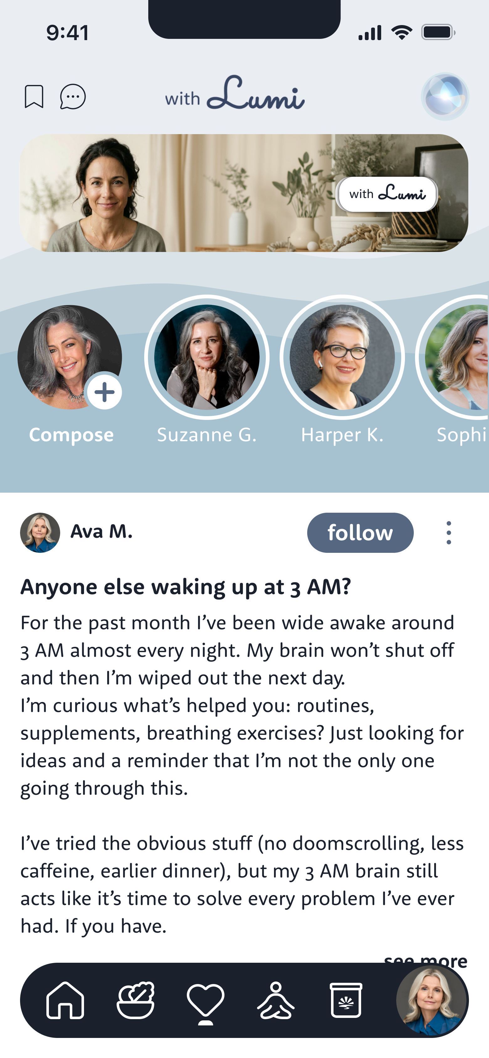 A member post in the Community feed asking: Anyone else waking up at 3 AM?