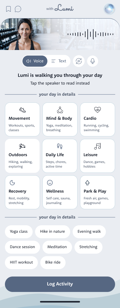 Activity categories in Fitness: movement, mind and body, cardio, outdoors, daily life, leisure, recovery, wellness and park and play
