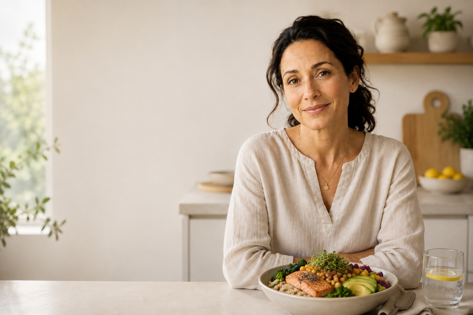 A woman in her kitchen with a balanced bowl of salmon, grains, greens and avocado and a glass of water