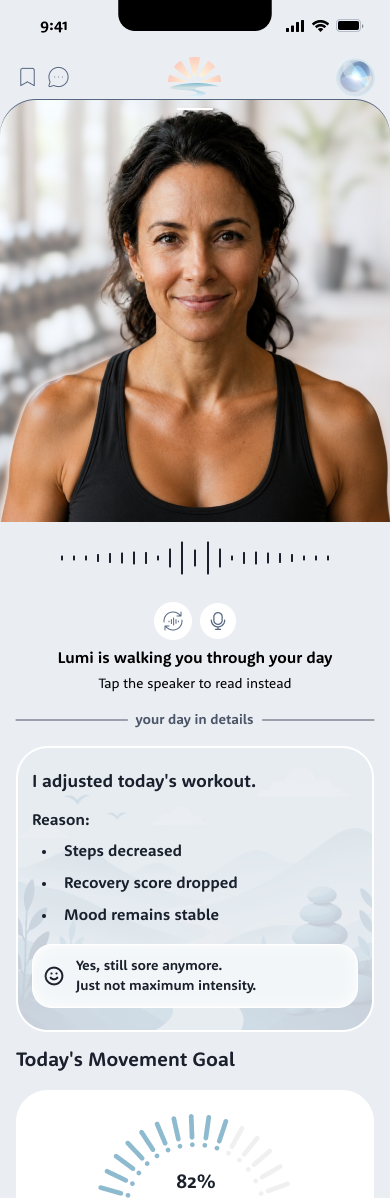 Lumi's open state in Fitness: her portrait, the voice waveform, and 'I adjusted today's workout' with the reasons shown in the app