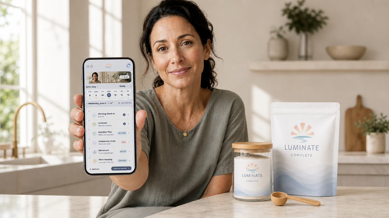 Lumi on an iPhone beside Luminate Complete on a kitchen counter