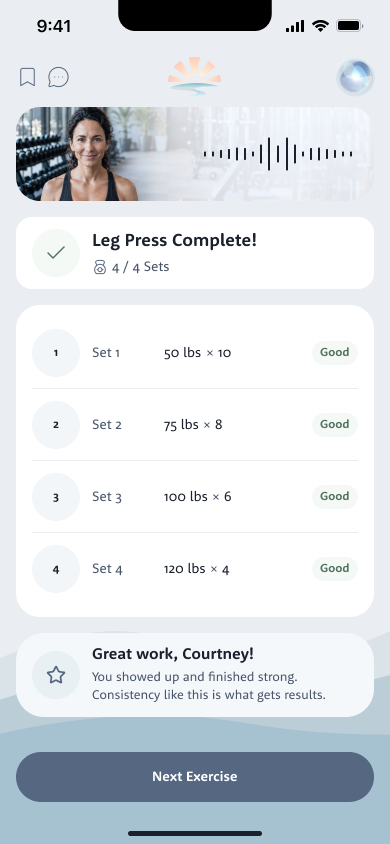 Leg Press Complete in Fitness: four sets with weight and reps, each marked Good, and Lumi's closing note to Courtney