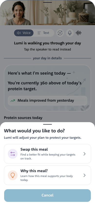 The Lumi app asking what you would like to do with a meal, offering Swap this meal or Why this meal