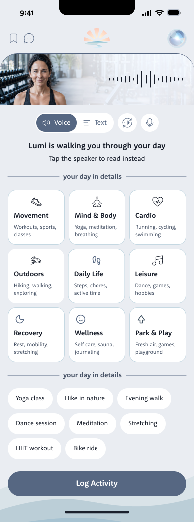 Activity categories in Fitness: movement, mind and body, cardio, outdoors, daily life, leisure, recovery, wellness and park and play