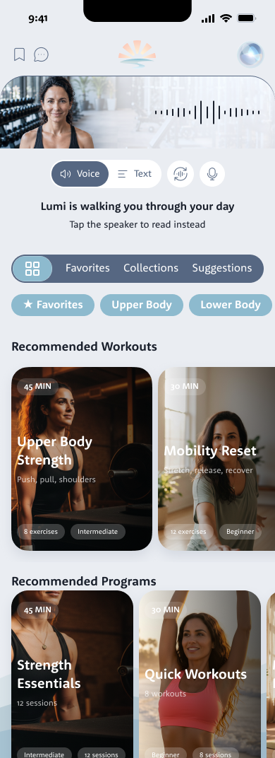Recommended workouts and programs in Fitness, including upper body strength, mobility reset and strength essentials