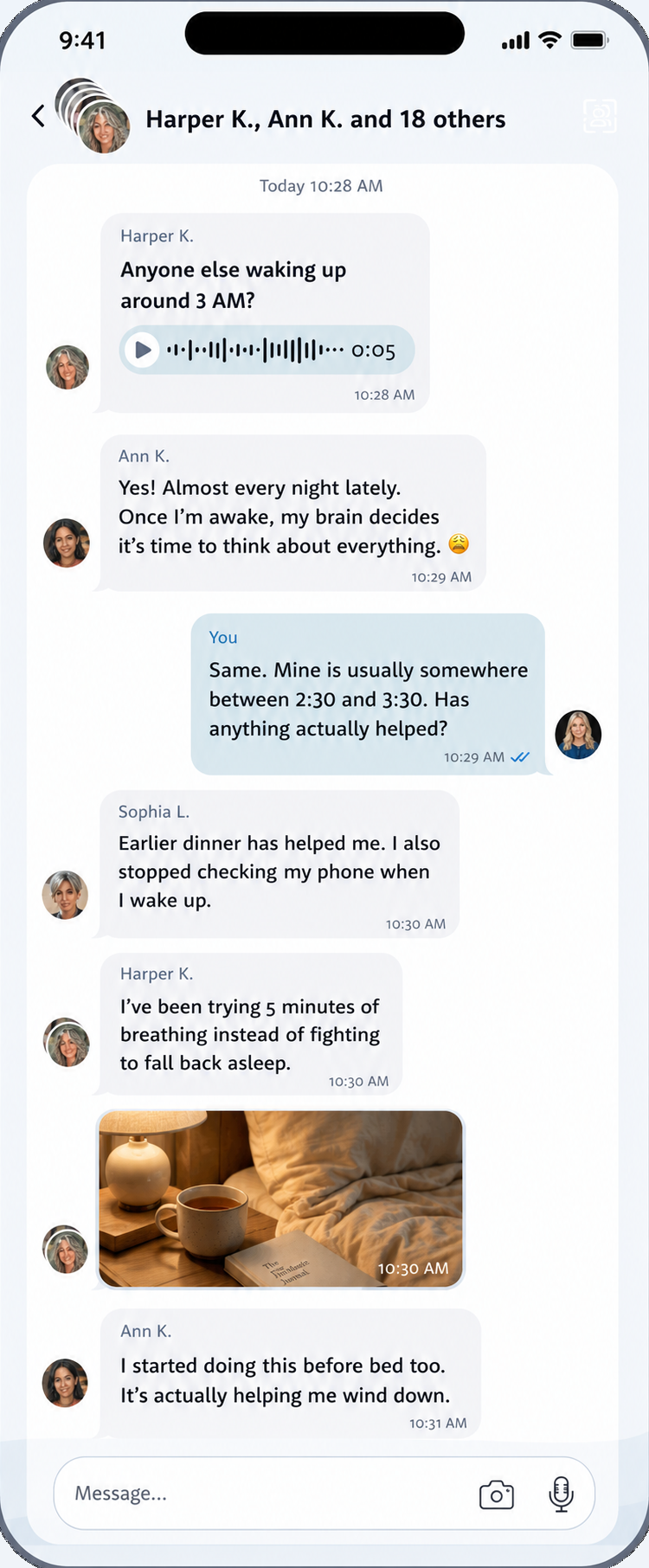 An active Circle conversation with Harper K., Ann K. and 18 others: Harper's 3 AM question, a voice note, and replies from Ann, Sophia and the group