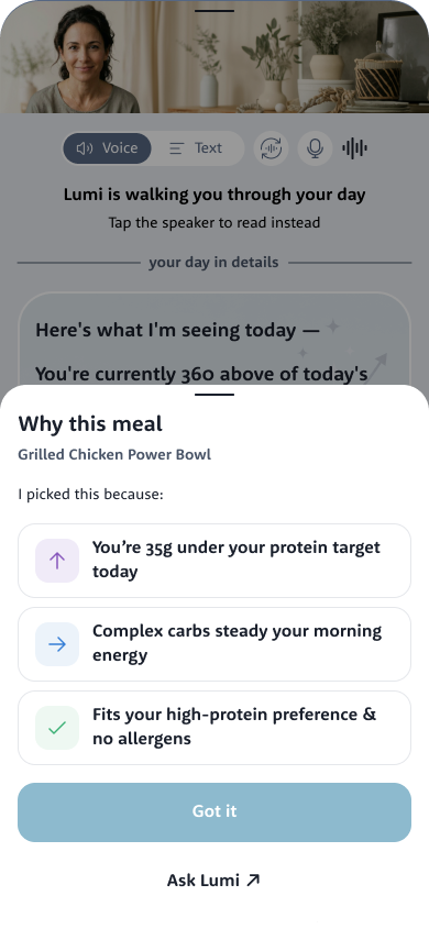 The Why this meal screen in the Lumi app, showing the reasons Lumi picked a Grilled Chicken Power Bowl