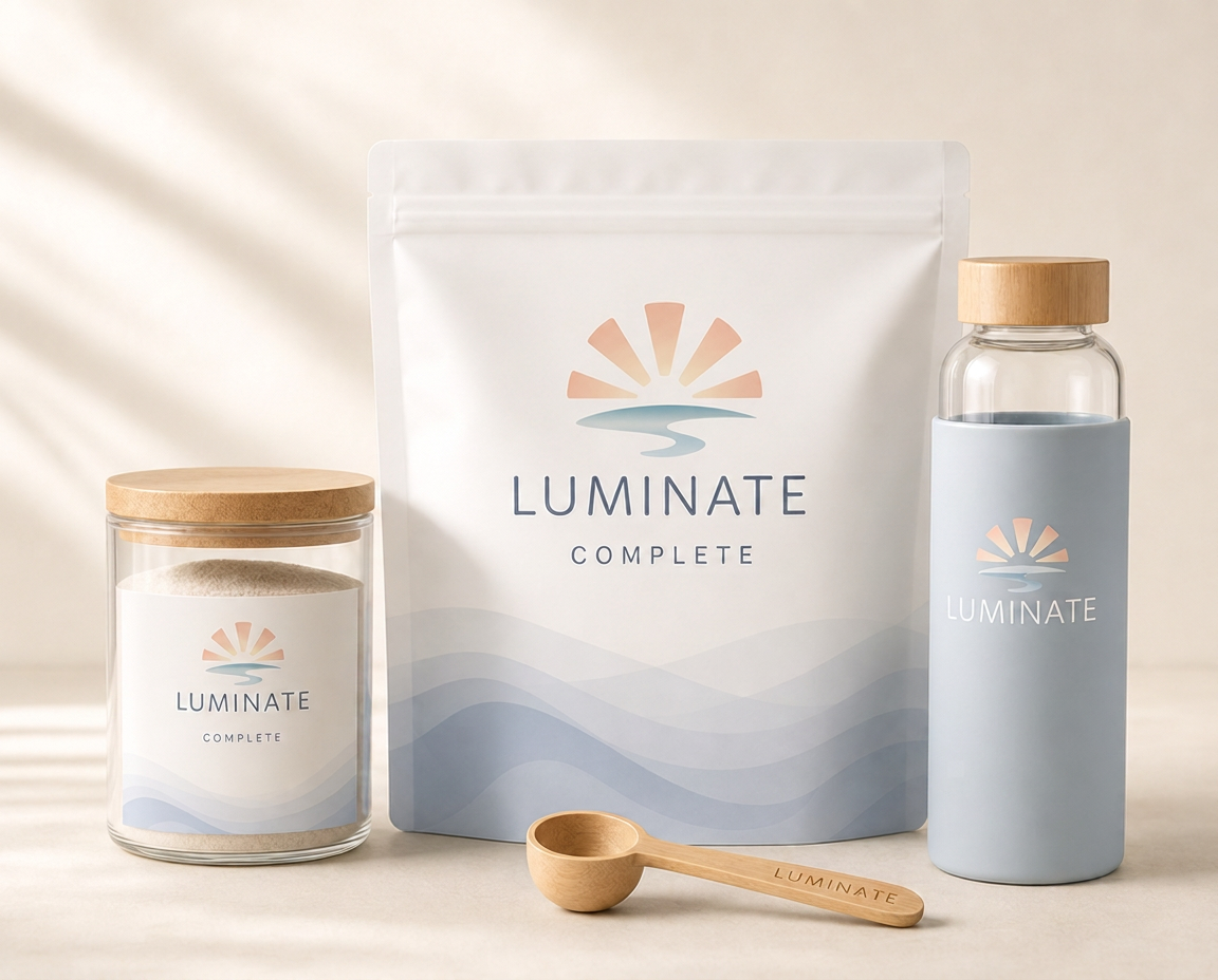 The Luminate Welcome Kit — refill pouch flanked by a glass jar and insulated bottle, with a bamboo scoop in the foreground