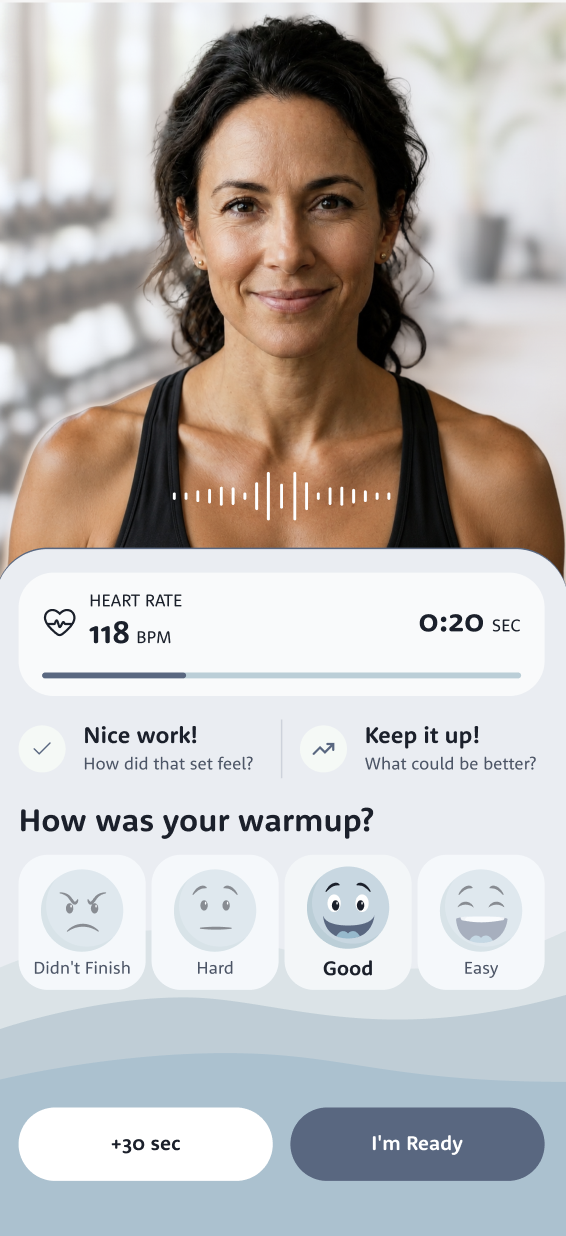 Lumi between sets: her portrait with the voice waveform, heart rate and rest timing, 'How did that set feel?', rep count, +30 sec and I'm Ready