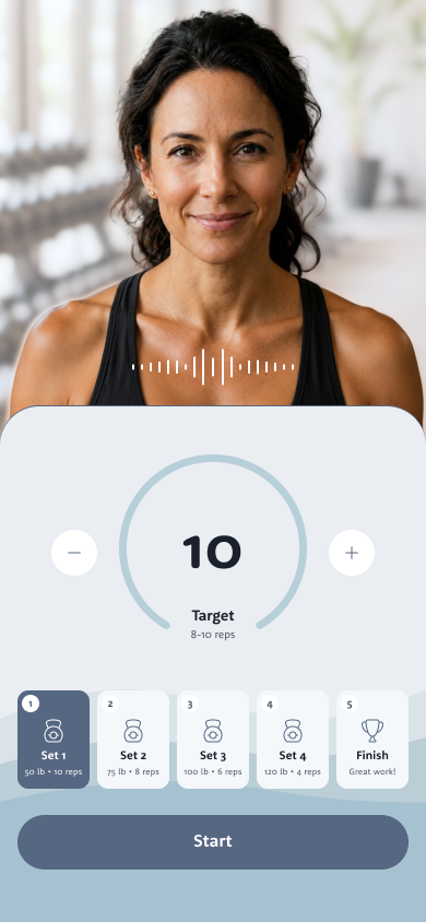 The set target screen showing 10 reps with the four sets below and the Start button