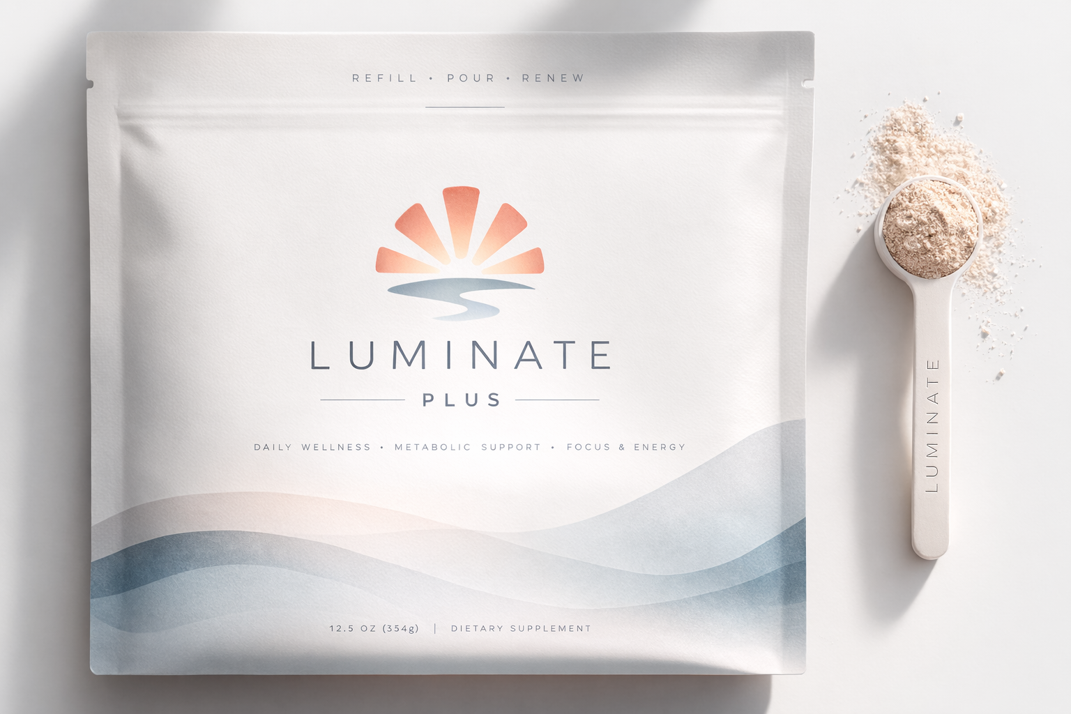 Luminate Complete pouch beside a filled scoop of the once-daily powder