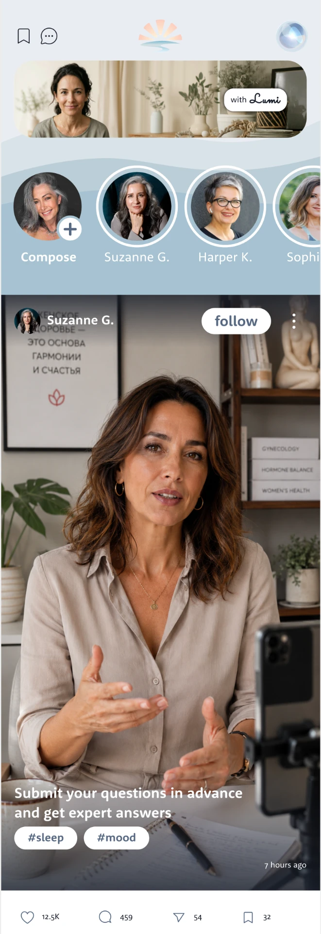 The Lumi app Community screen: member circles for Compose, Suzanne G., Harper K. and Sophie, an expert video post inviting questions in advance, and a member's post shared under sleep and mood tags