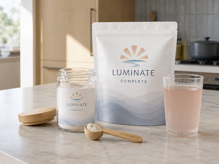 A prepared glass of Luminate Complete beside the pouch, jar and bamboo scoop
