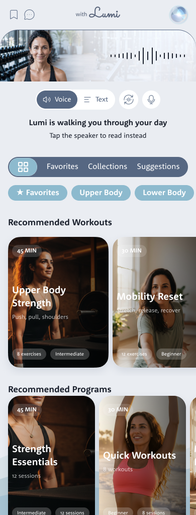 Recommended workouts and programs in Fitness, including upper body strength, mobility reset and strength essentials