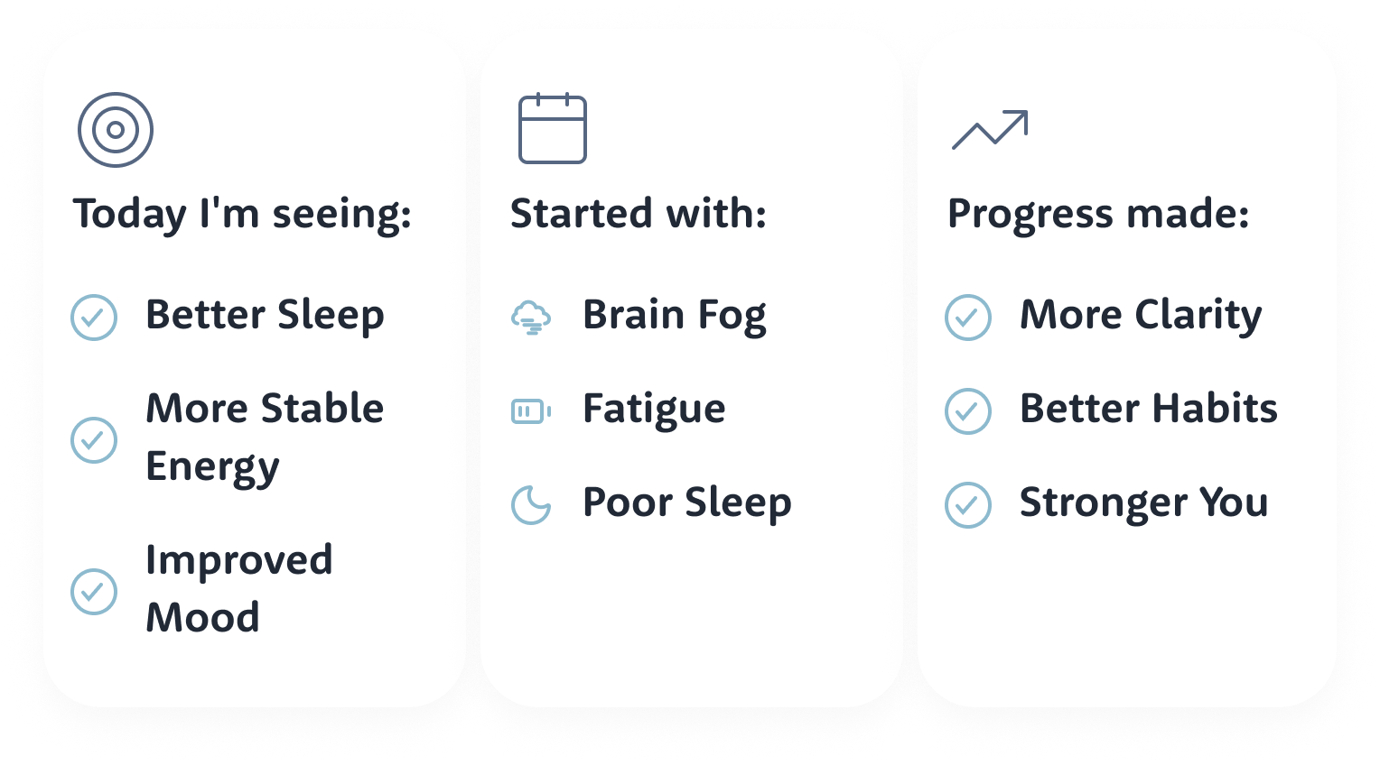Journey insights in the Lumi app: Today I'm seeing better sleep, more stable energy and improved mood; started with brain fog, fatigue and poor sleep; progress made — more clarity, better habits, a stronger you
