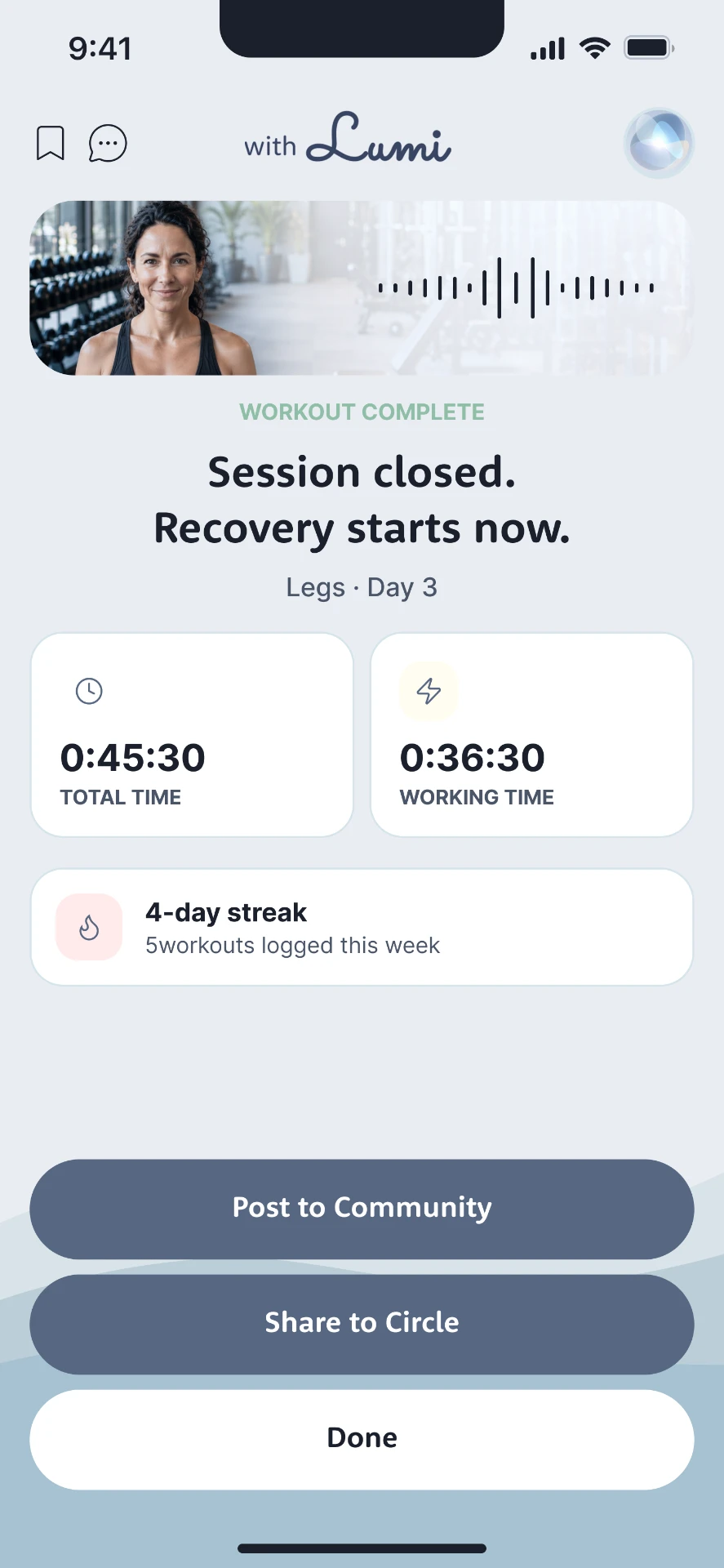 Workout Complete screen showing Session closed with Post to Community, Share to Circle, and Done buttons