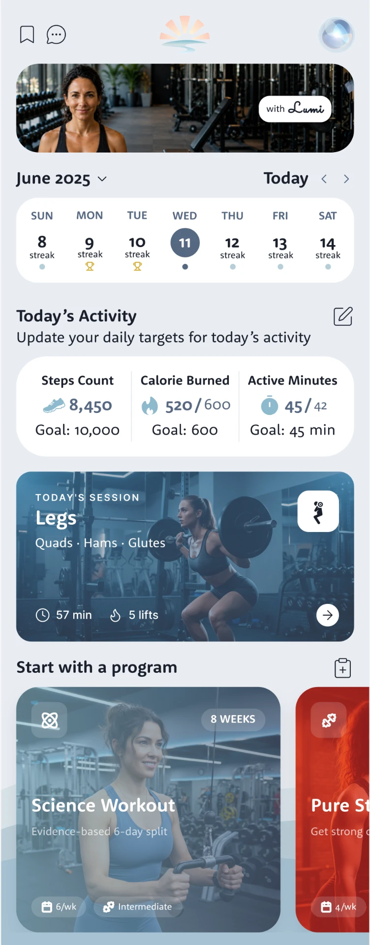 The Lumi app Exercise screen: Today's Activity with steps count, calories burned and active minutes, Today's Session for legs, and programs to start with