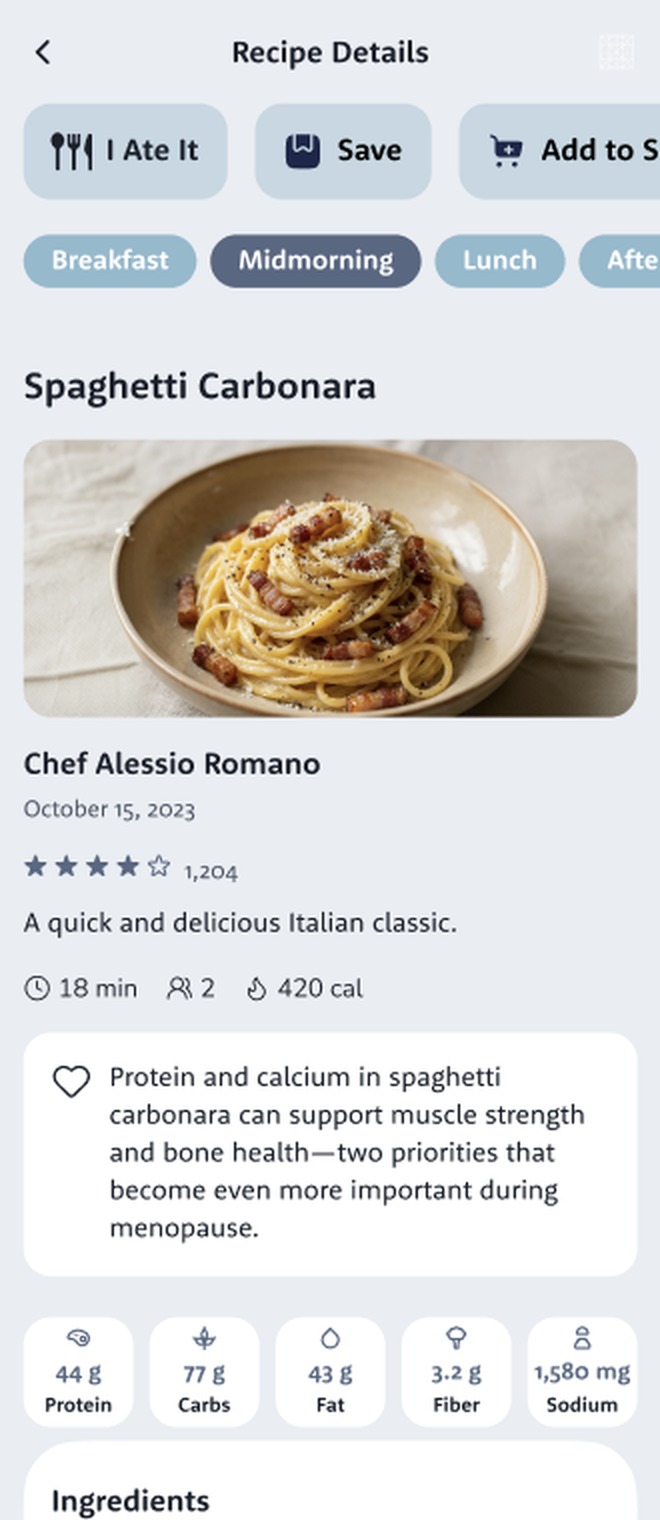 A Lumi recipe detail screen for Spaghetti Carbonara with I Ate It, Save and Add to Shop actions, the dish photo and why its protein and calcium matter in menopause