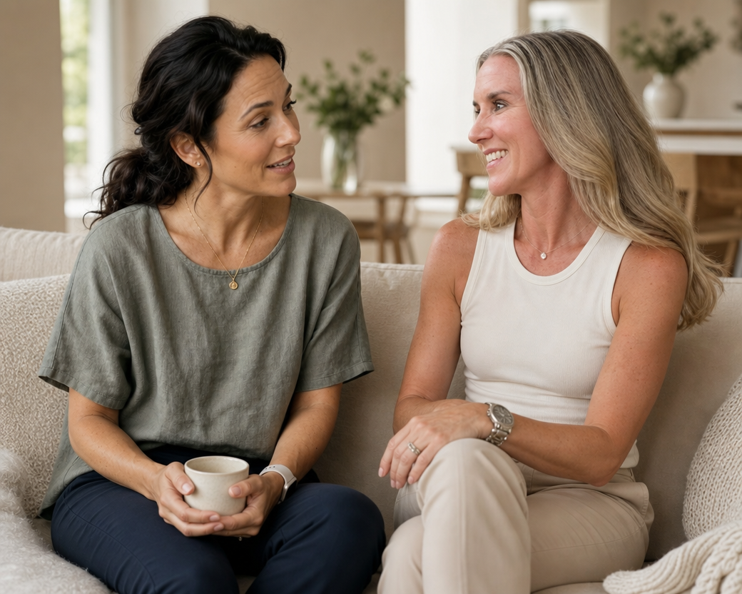 Lumi and Courtney talking together on a sofa in a sunlit living room