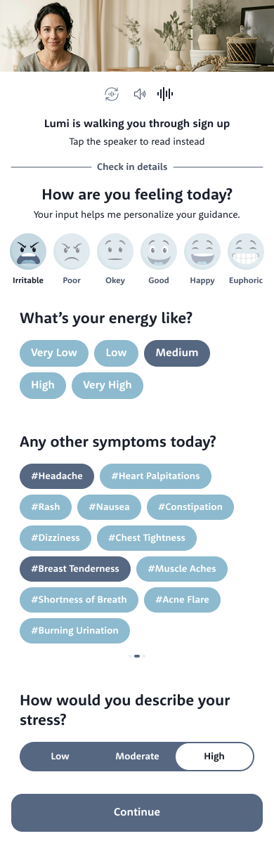 The Lumi symptom check-in: mood, energy level, symptom tags and stress description