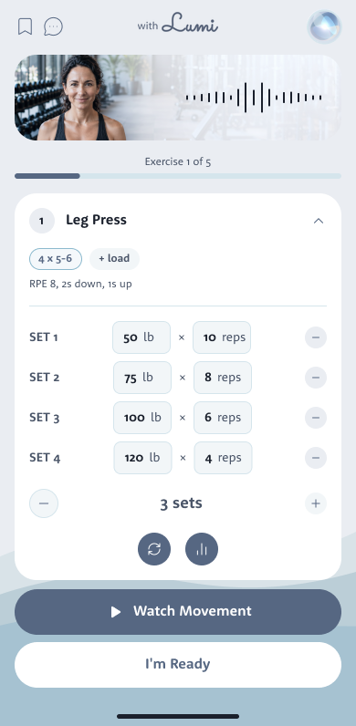 The Leg Press plan in Fitness with four sets, weight and reps for each