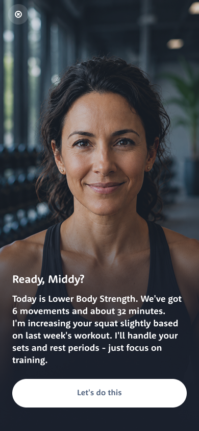 Lumi before a workout: today is lower body strength, six movements, and she handles sets and rest periods