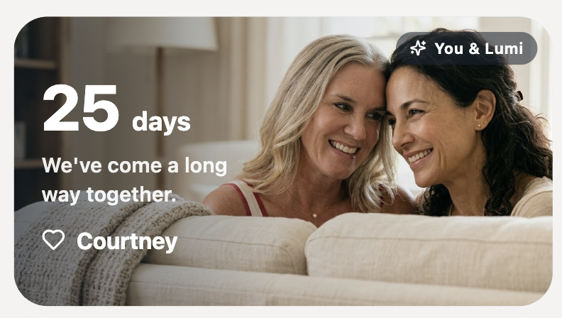 The Lumi app You & Lumi card: 25 days — we've come a long way together, signed Courtney