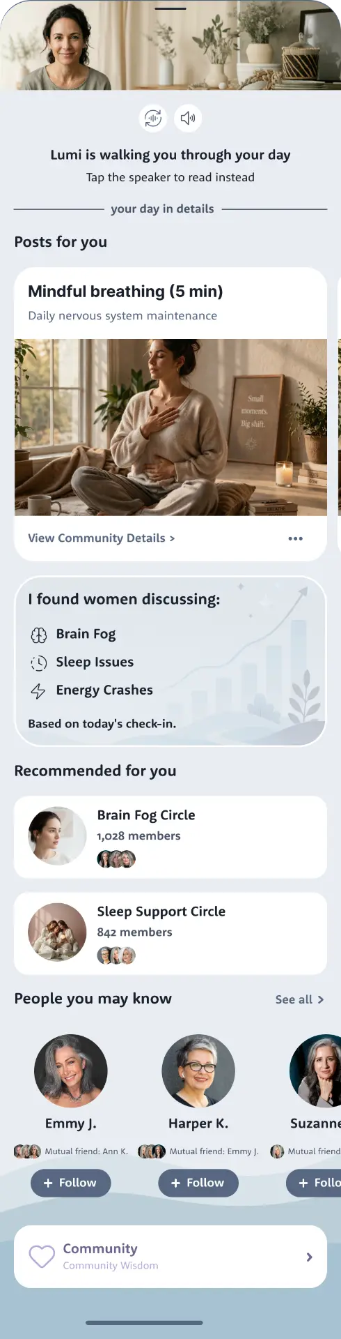 Lumi's community open state — Lumi walking you through your day, with posts, circles and people to connect with