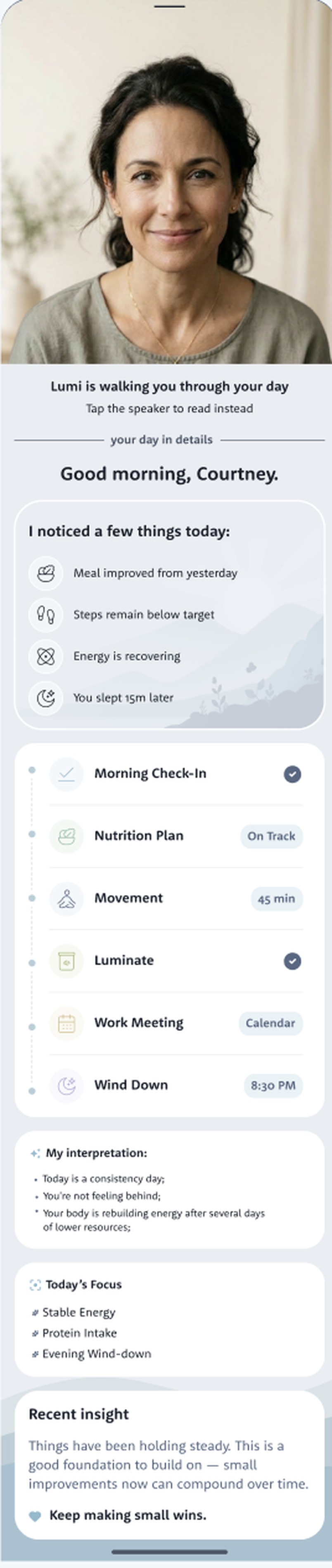 The Lumi app open state: Lumi's portrait, her spoken walkthrough of the day, what she noticed today, and the day's timeline