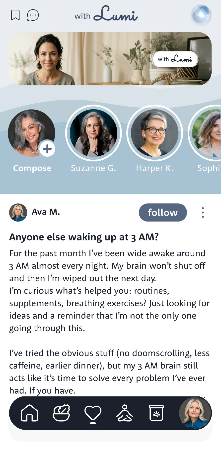 A member post in the Community feed asking: Anyone else waking up at 3 AM?
