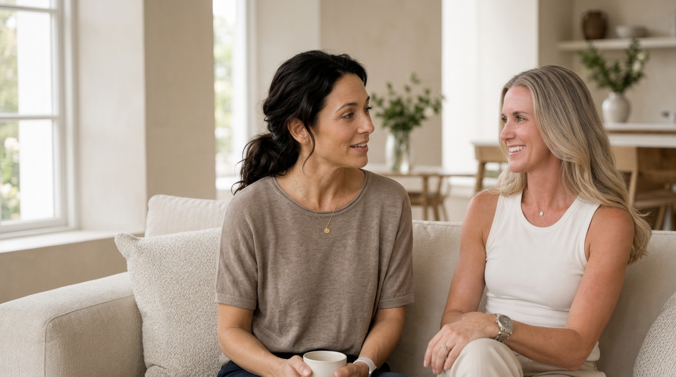 Lumi and Courtney sitting together on a cream sofa in a sunlit living room, talking easily