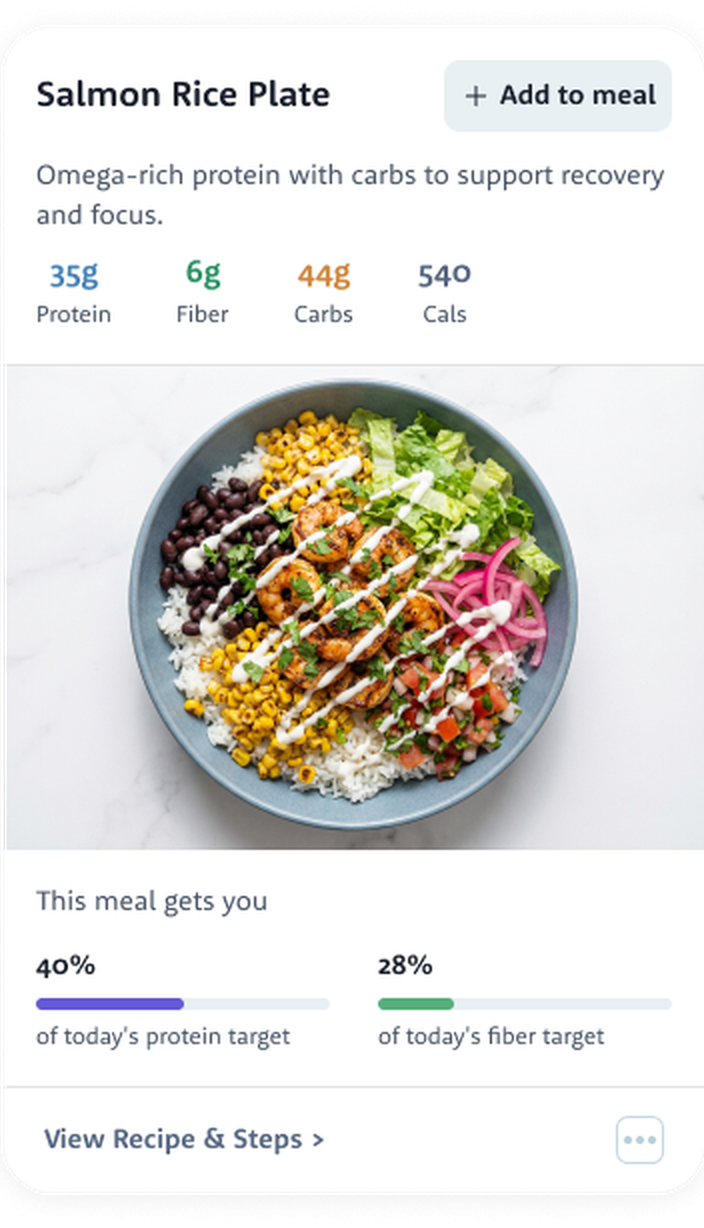 Lumi recipe card: Salmon Rice Plate with 35g protein, 6g fiber, 44g carbs, 540 cals and progress toward today's protein and fiber targets