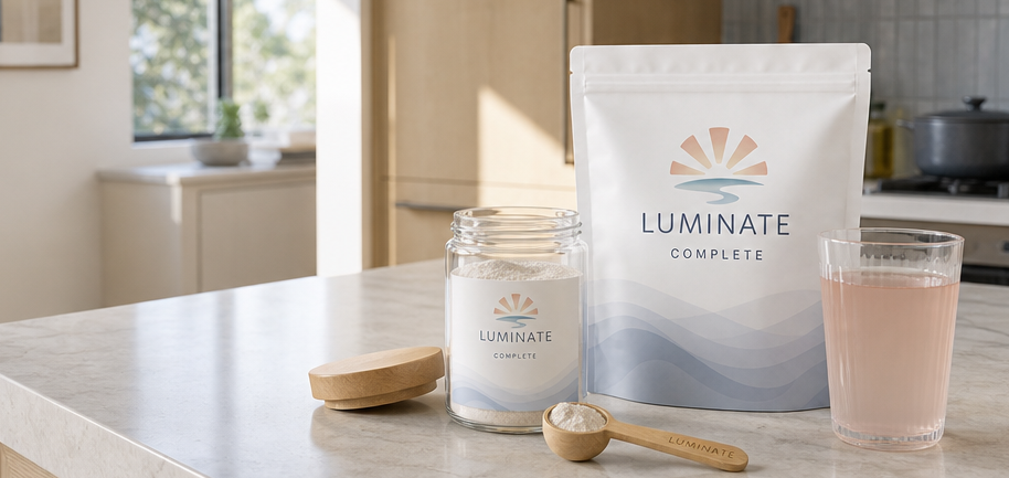 Luminate Complete pouch with the glass storage jar, bamboo lid, bamboo scoop and a prepared drink on a kitchen island