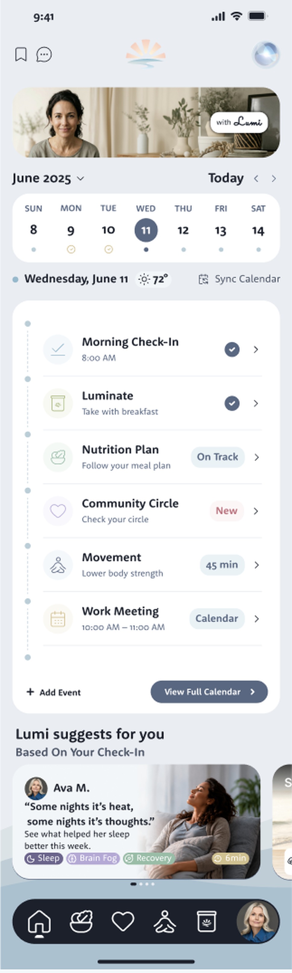 The Lumi timeline showing Luminate — take with breakfast — checked off alongside the day's nutrition and movement