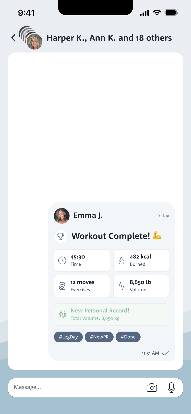 The shared Workout Complete card appearing in a Circle conversation