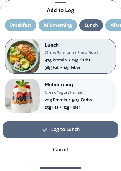 The Add to Log screen in the Lumi app with Lunch selected, the Citrus Salmon & Farro Bowl and its macros, and a Log to Lunch action