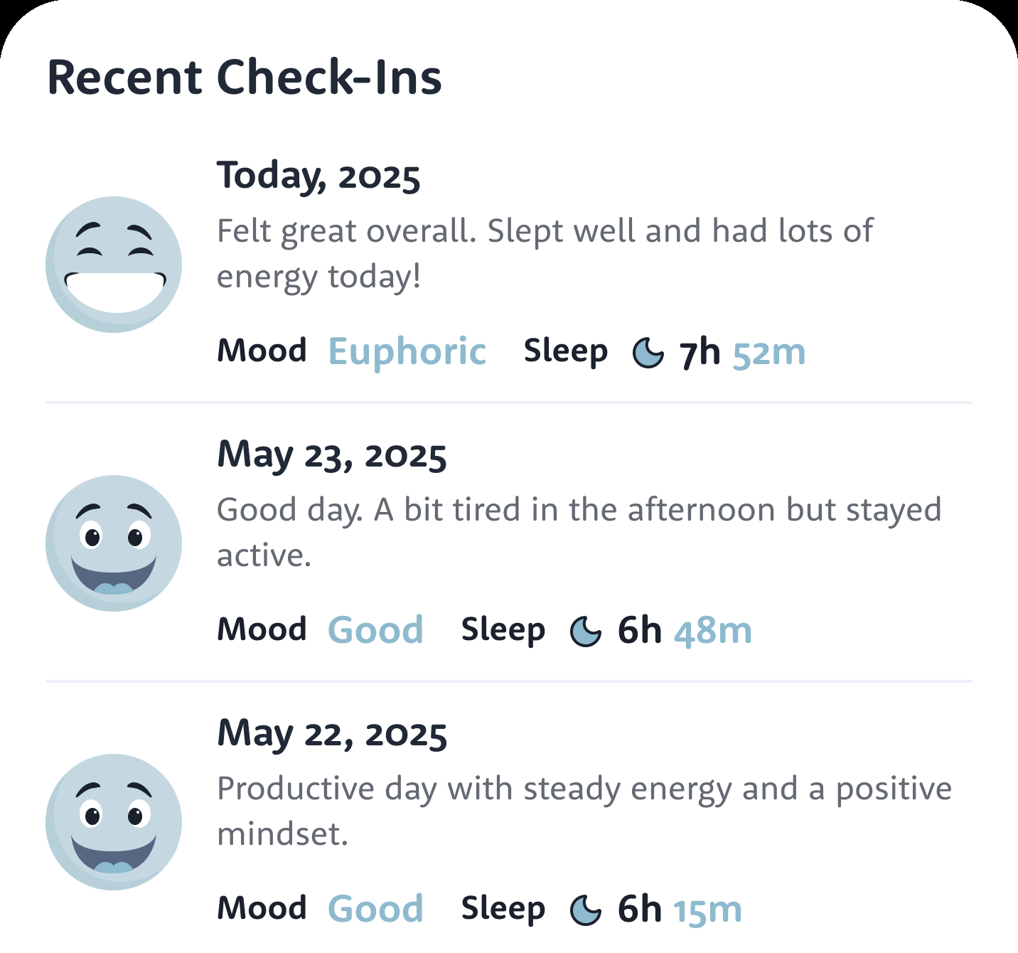 Recent Check-Ins in the Lumi app: today felt great overall, slept well and had lots of energy — mood euphoric, sleep 7h 52m; May 23 good day; May 22 productive day with steady energy
