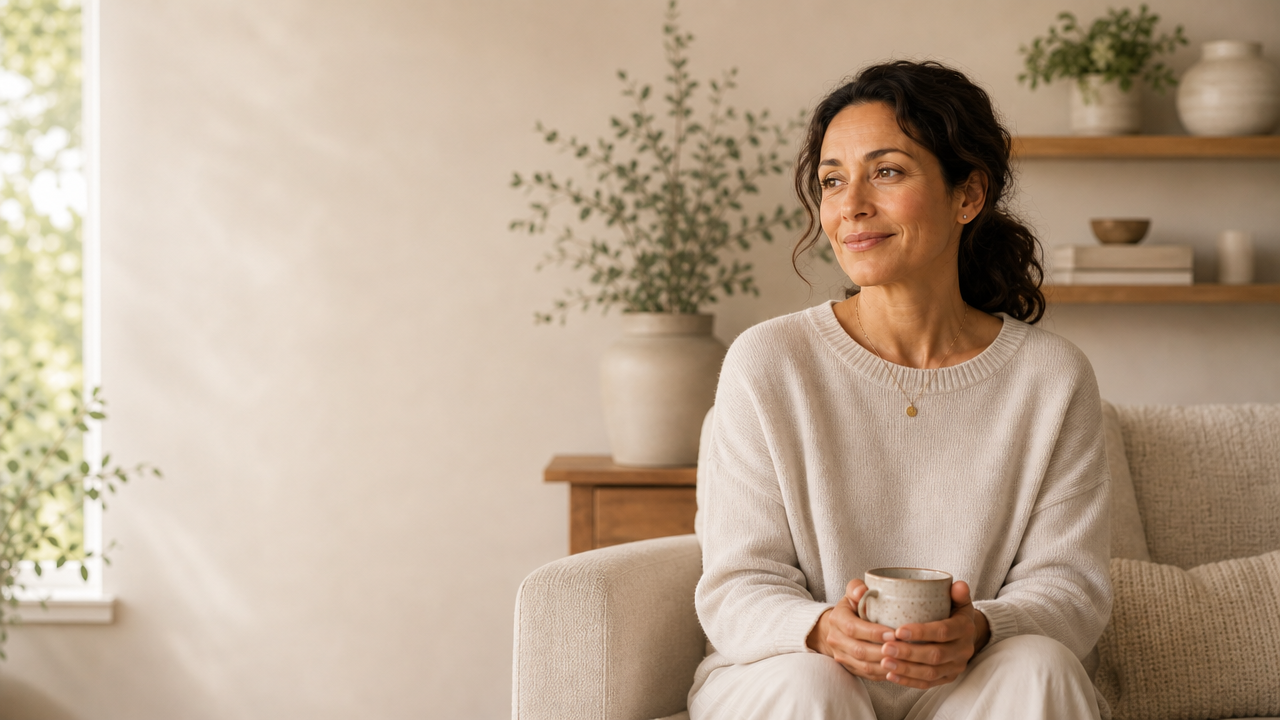 A woman sitting calmly at home in soft morning light, holding a ceramic mug