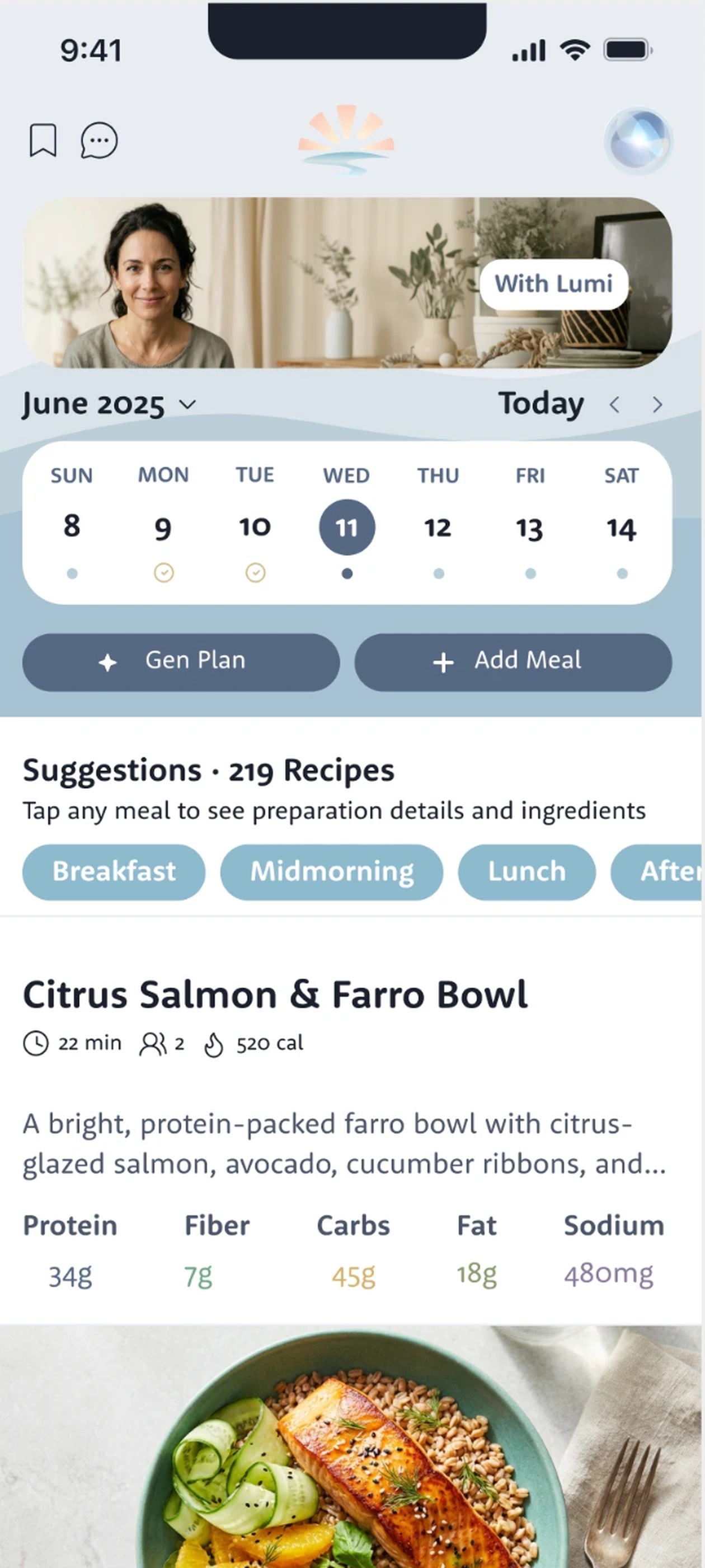 The Lumi app nutrition feed: today's calendar, 219 recipe suggestions and a Citrus Salmon & Farro Bowl card