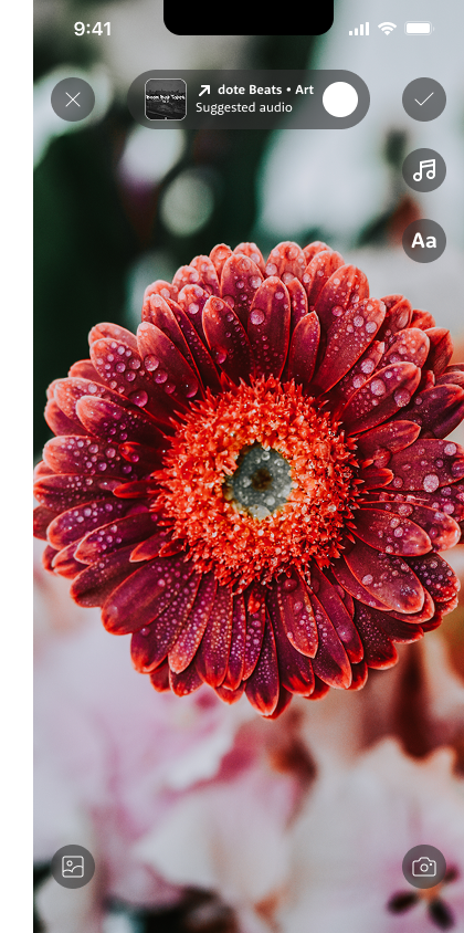 Finishing a photo post with audio and text options before sharing