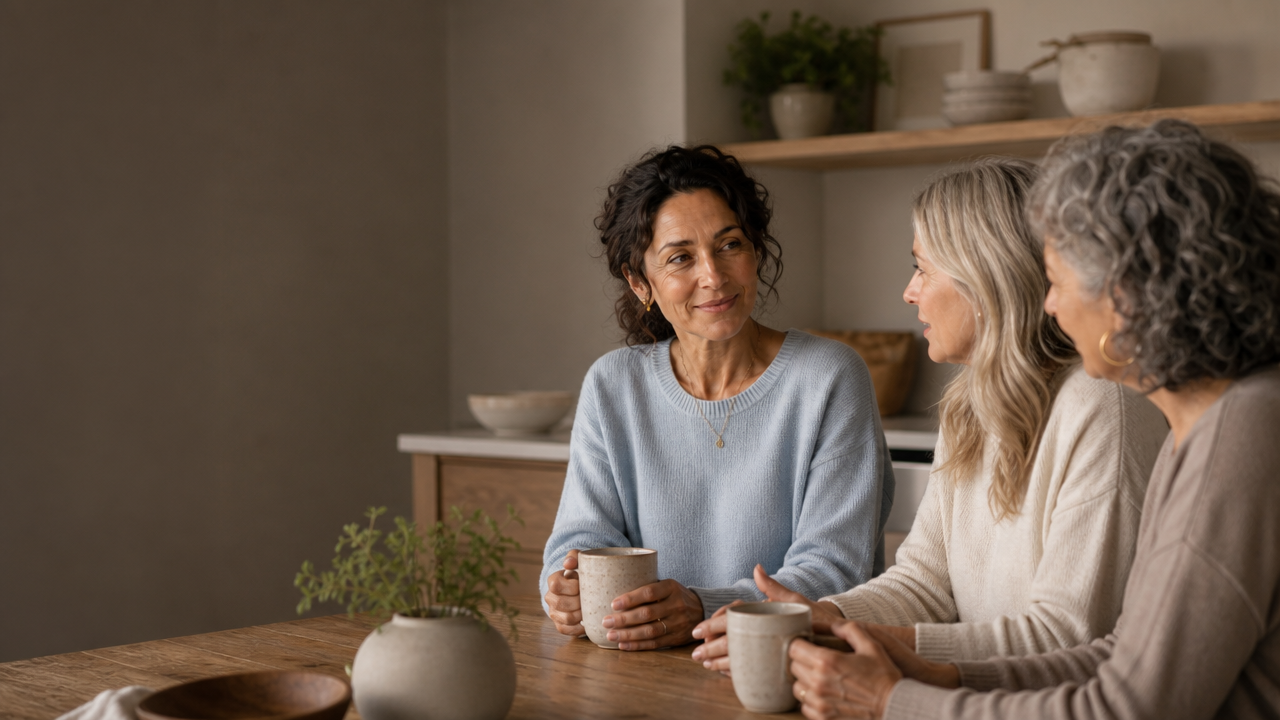 Three women talking together over coffee at a sunlit kitchen table