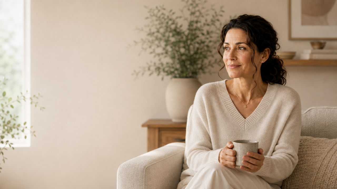 A woman sitting calmly at home in soft morning light, holding a ceramic mug