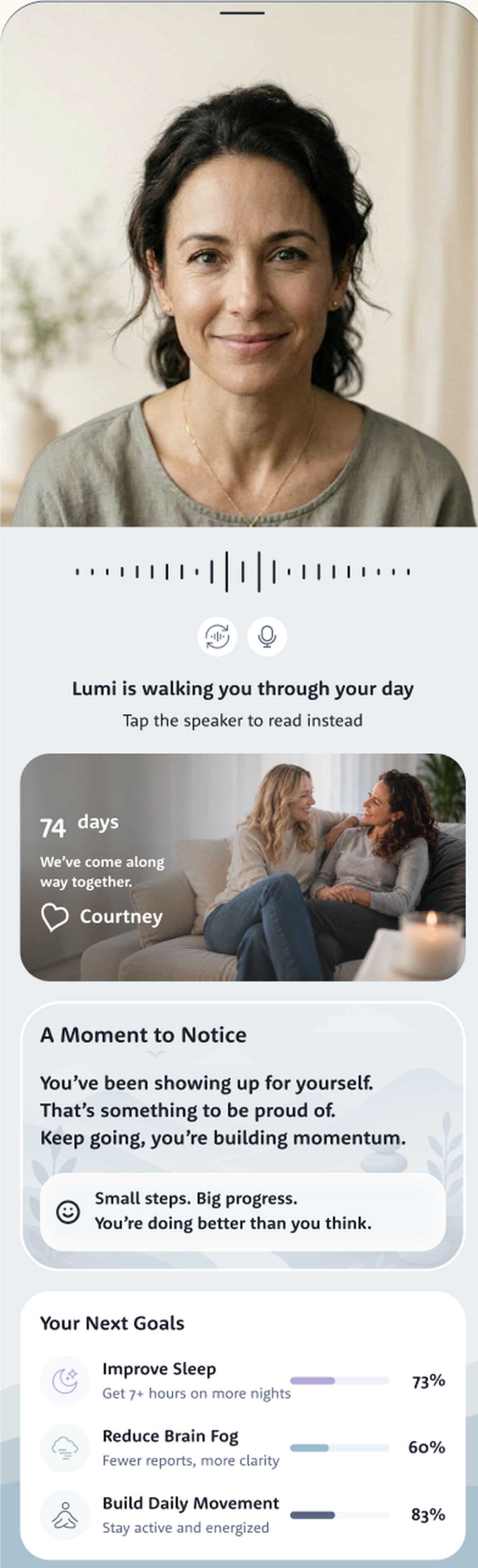 The Lumi app My Journey screen: A Moment to Notice and Your Next Goals showing Improve Sleep 73%, Reduce Brain Fog 60% and Build Daily Movement 83%