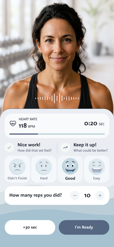 Lumi between sets: her portrait with the voice waveform, heart rate and rest timing, 'How did that set feel?', rep count, +30 sec and I'm Ready