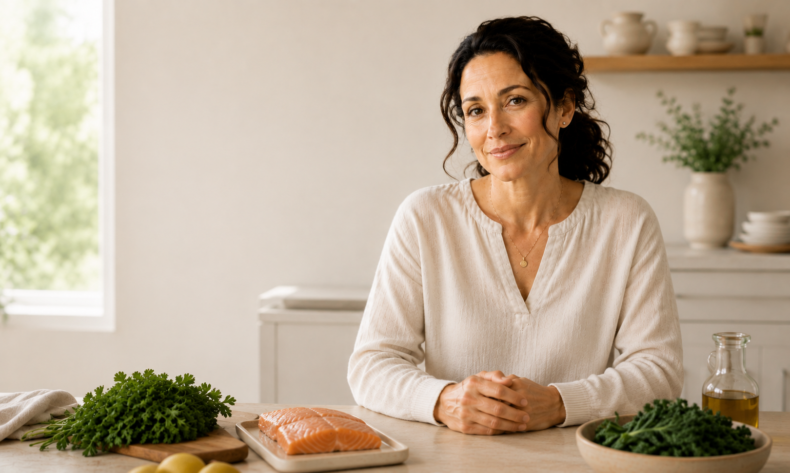A woman in her kitchen with fresh salmon, greens and olive oil on the counter in soft morning light
