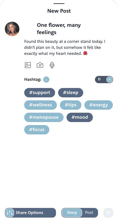 Writing a new post in Community with text, photo and voice options and topic tags