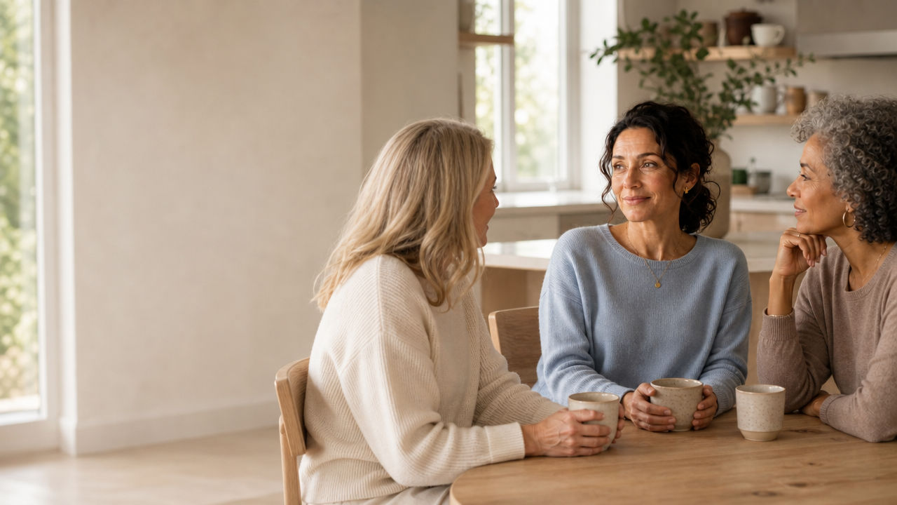 Three women talking together over coffee at a sunlit kitchen table