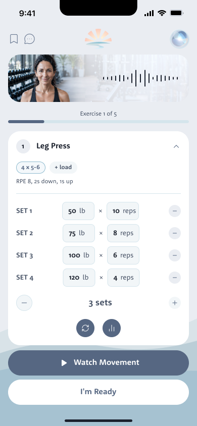 The Leg Press plan in Fitness with four sets, weight and reps for each