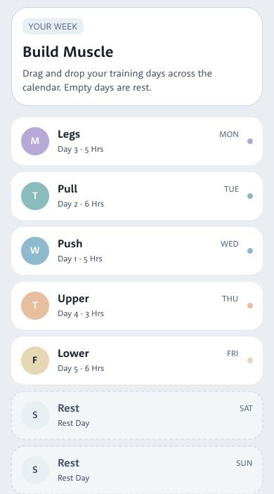 The Fitness weekly schedule showing the Build Muscle program with training days Monday to Friday and rest days on the weekend