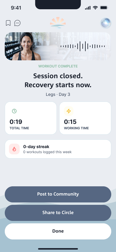 The workout complete screen in the Lumi app with options to post to Community or share to a Circle